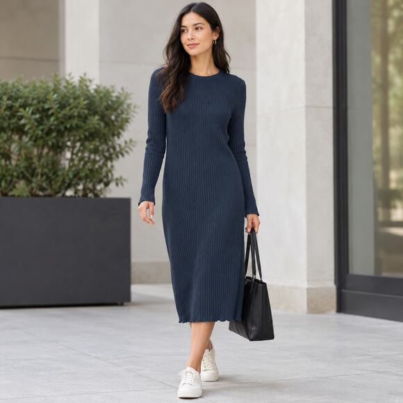 Eileen Fisher Dresses & Skirts - Eileen Fisher Sz M Navy Blue Textured Stretch Rib Crew Neck Dress MSRP $127